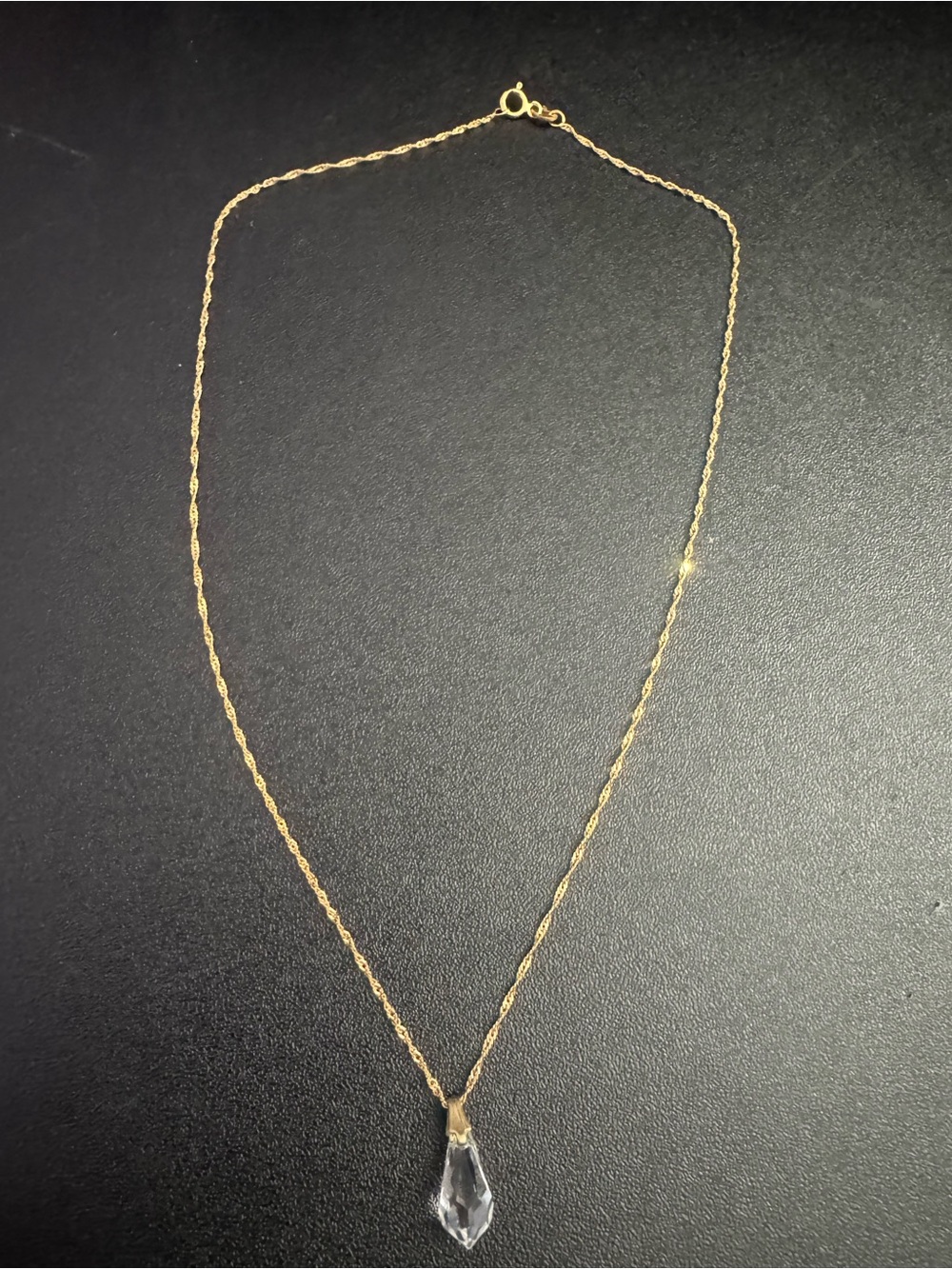 14K Gold Twist Chain Necklace with Clear Crystal Pendant & Matching Earring